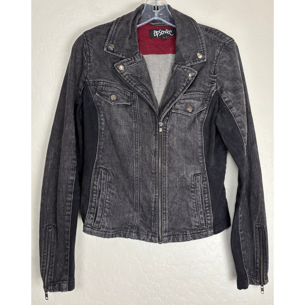 Lip Service Womens Washed Black Denim Moto Jacket Skull Buttons Punk Goth L 2588